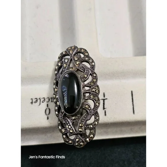 Antique Sterling Silver & Marcasite Brooch‎ With Black Onyx Stone